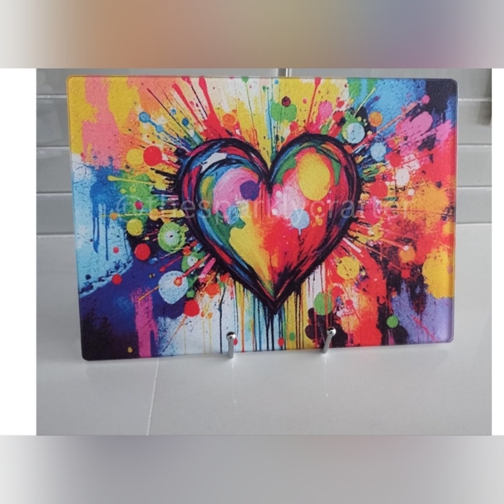 New, Never Used Colorful Heart Art Print Food safe Glass Cutting Board